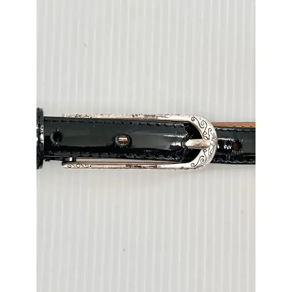 Brighton Patent Leather Belt Black Skinny Silver Tone Buckle Etched Scroll SZ 36 - Picture 3 of 5